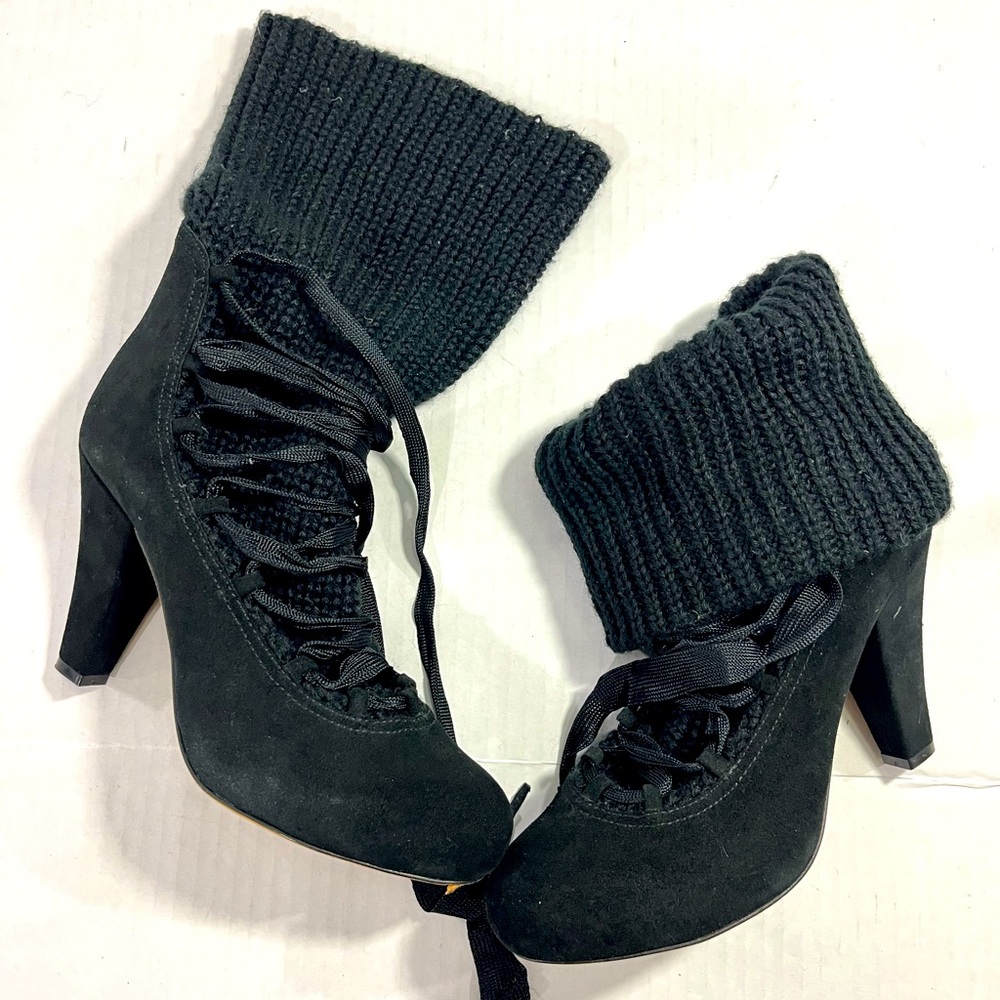 SEE BY CHLOE SUEDE AND KNIT LACE UP ANKLE BOOTS